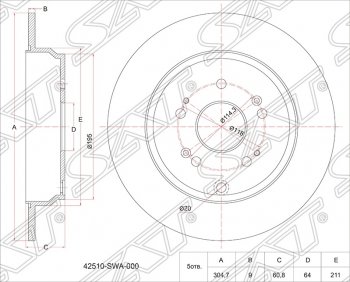 Диск тормозной SAT (задний, не вентилируемый, Ø302) Acura (Акура) RDX (РДХ) ( TB1, TB2,  TB3, TB4) (2006-2018), Honda (Хонда) CR-V (СР-В) ( RD4,RD5,RD6,RD7,RD9 ,  RE1,RE2,RE3,RE4,RE5,RE7) (2001-2012)