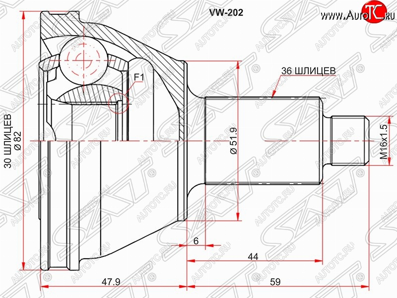 2 259 р. ШРУС SAT (наружный, 30*36*51.9 мм)  Audi A2 8Z, Skoda A2 (8Z), Volkswagen Polo (9N1)  с доставкой в г. Королёв