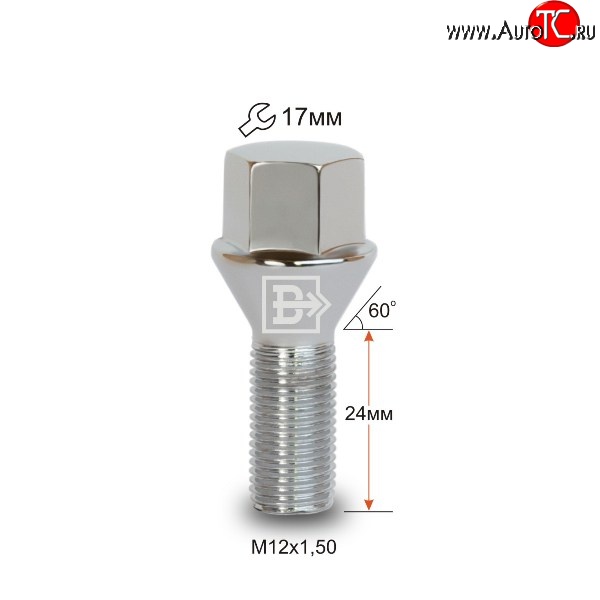 112 р. Колёсный болт длиной 24 мм Вектор M12 1.5 24 под гаечный ключ (пос.место: конус) Chery Tiggo 9 (2023-2025)