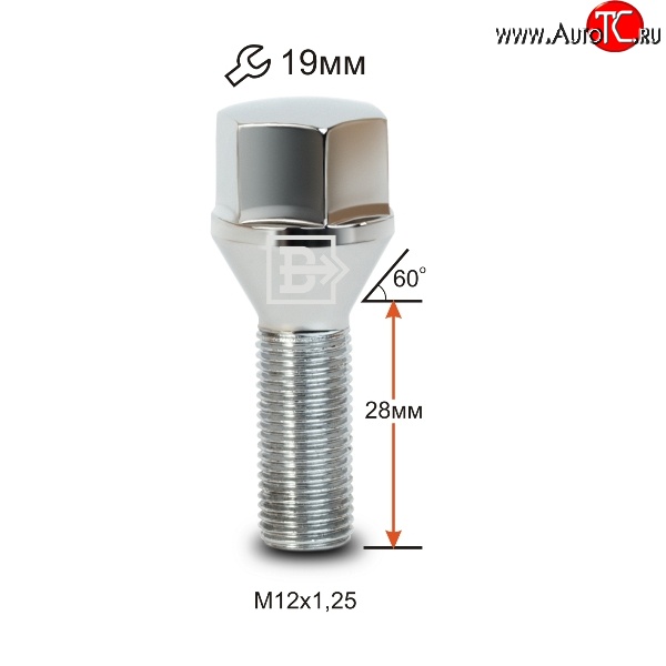 112 р. Колёсный болт длиной 28 мм Вектор M12 1.25 28 под гаечный ключ (пос.место: конус) CITROEN Berlingo K9 (2018-2023)