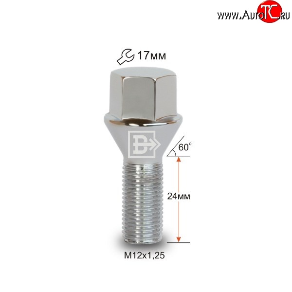 112 р. Колёсный болт длиной 24 мм Вектор M12 1.25 24 под гаечный ключ Chery Bonus 3 (A19) седан (2013-2016)