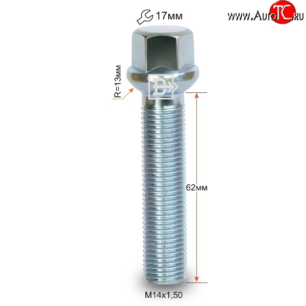 219 р. Колёсный болт длиной 62 мм Вектор M14 1.5 62 под гаечный ключ    с доставкой в г. Королёв