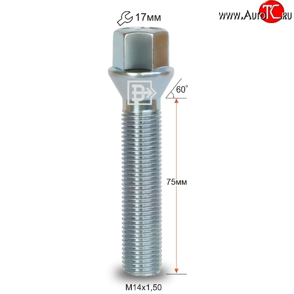 269 р. Колёсный болт длиной 75 мм Вектор M14 1.5 75 под гаечный ключ    с доставкой в г. Королёв