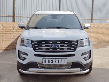 22 949 р. Защита переднего бампера (2 трубыØ63 и 75х42 мм, нержавейка) Russtal Ford Explorer U502 2-ой рестайлинг, 5 дв. (2017-2019)  с доставкой в г. Королёв. Увеличить фотографию 2