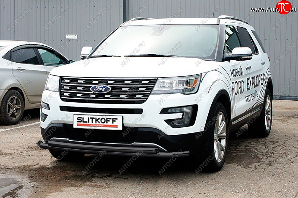 12 999 р. Защита переднего бампера Slitkoff (двойная, d57/57 мм) Ford Explorer U502 1-ый рестайлинг, 5 дв. (2015-2018) (Сталь с полимерным покрытием. Цвет: чёрный)  с доставкой в г. Королёв