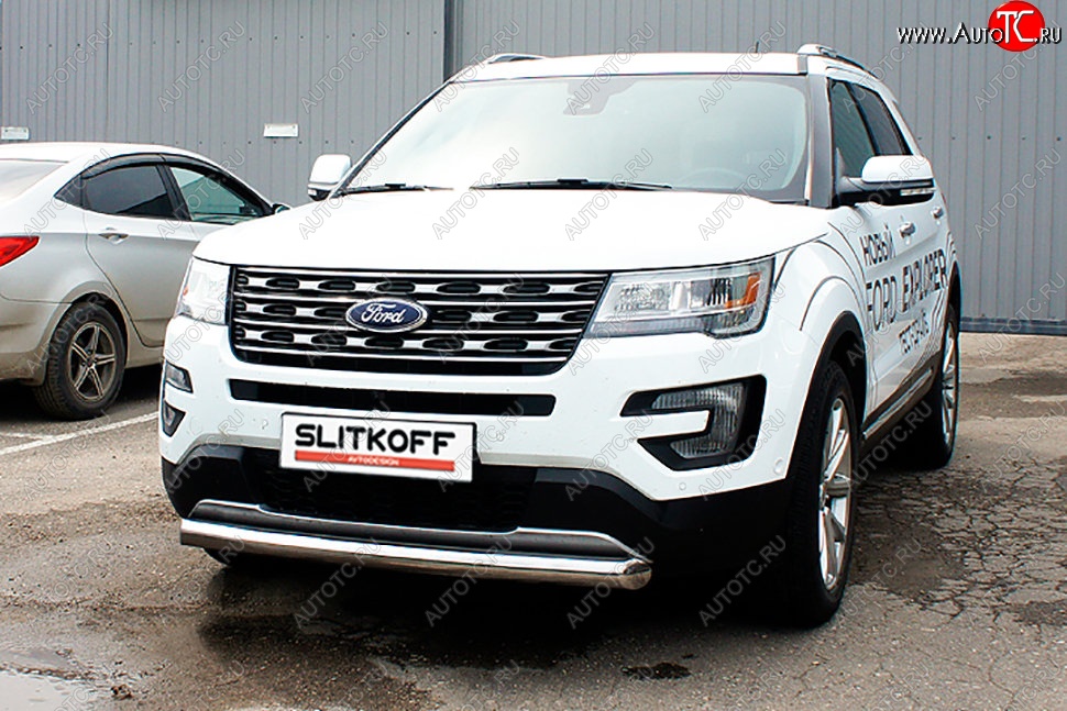 16 749 р. Защита переднего бампера Slitkoff (d76 мм)  Ford Explorer  U502 (2015-2018) 1-ый рестайлинг, 5 дв. (Нержавейка, Полированная)  с доставкой в г. Королёв