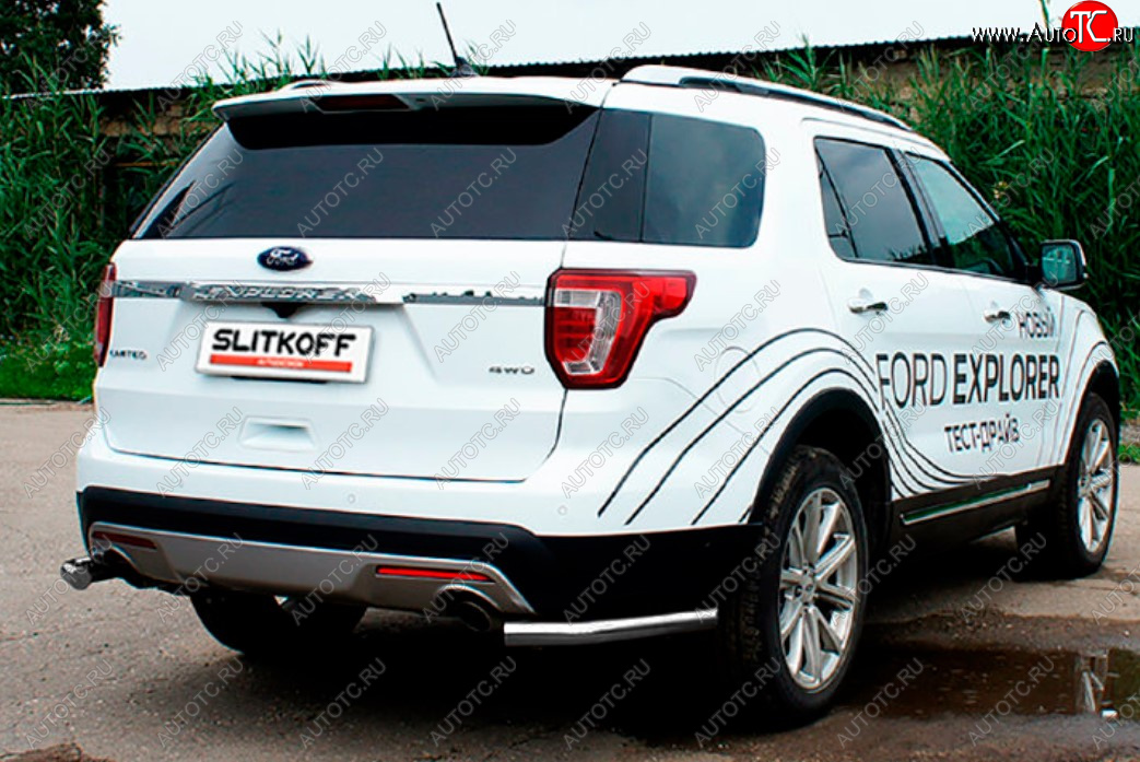 7 749 р. Защита заднего бампера Slitkoff (Ø 57 мм, уголки)  Ford Explorer  U502 (2015-2018) 1-ый рестайлинг, 5 дв. (Цвет: серебристый)  с доставкой в г. Королёв