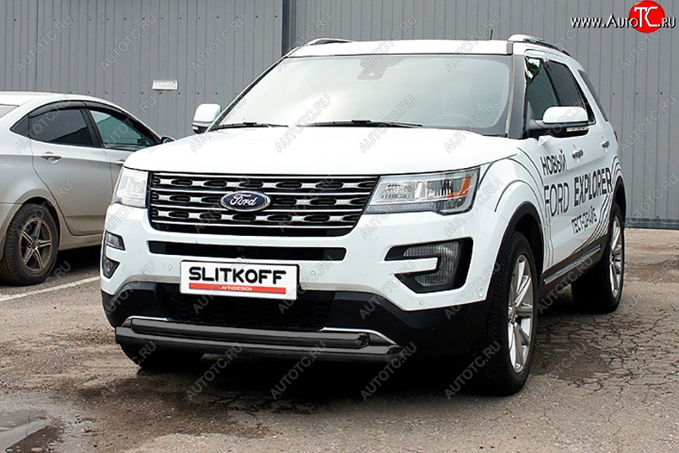 14 999 р. Защита переднего бампера Slitkoff (двойная, d76/57 мм) Ford Explorer U502 2-ой рестайлинг, 5 дв. (2017-2019) (Сталь с полимерным покрытием. Цвет: чёрный)  с доставкой в г. Королёв