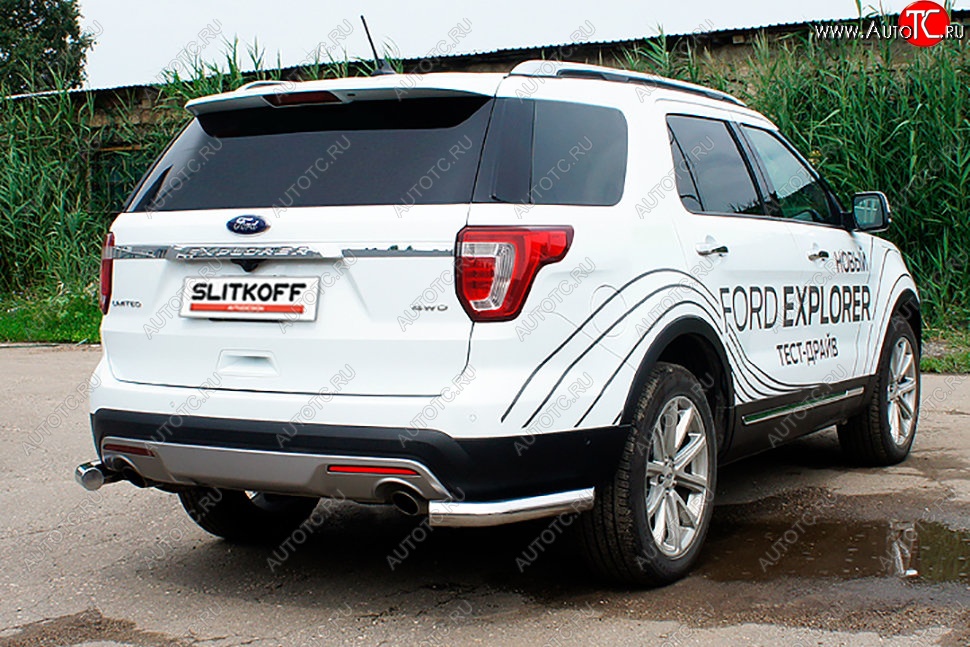 13 999 р. Защита заднего бампера Slitkoff (d76 мм, уголки)  Ford Explorer  U502 (2017-2019) 2-ой рестайлинг, 5 дв. (Нержавейка, Полированная)  с доставкой в г. Королёв