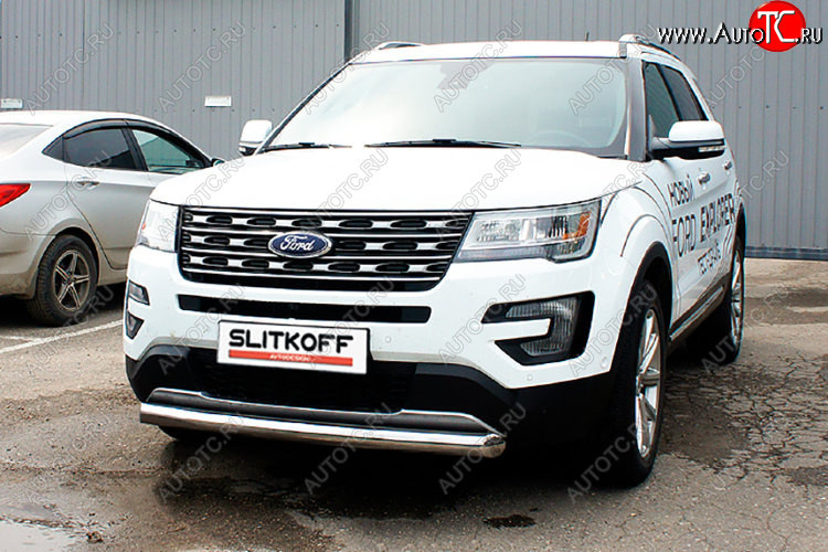 12 999 р. Защита переднего бампера Slitkoff (Ø 76 мм) Ford Explorer U502 2-ой рестайлинг, 5 дв. (2017-2019) (Цвет: серебристый)  с доставкой в г. Королёв