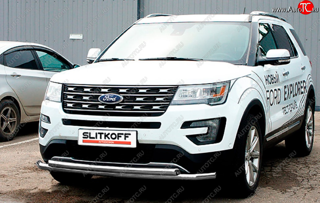 11 849 р. Защита переднего бампера Slitkoff (Ø 57+Ø 57, двойная).  Ford Explorer  U502 (2017-2019) 2-ой рестайлинг, 5 дв. (Сталь с полимерным покрытием. Цвет: серебристый)  с доставкой в г. Королёв