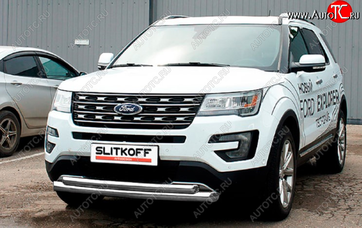 11 799 р. Защита переднего бампера Slitkoff (Ø 76+Ø 57, двойная).  Ford Explorer  U502 (2017-2019) 2-ой рестайлинг, 5 дв. (Сталь с полимерным покрытием. Цвет: серебристый)  с доставкой в г. Королёв