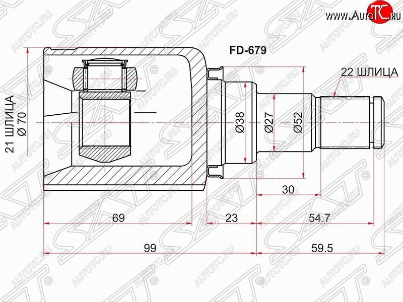 2 769 р. Шрус (внутренний/левый) SAT (шлицев 21*22, сальник 38 мм) Ford Fusion 1 хэтчбэк дорестайлинг (2002-2005)  с доставкой в г. Королёв