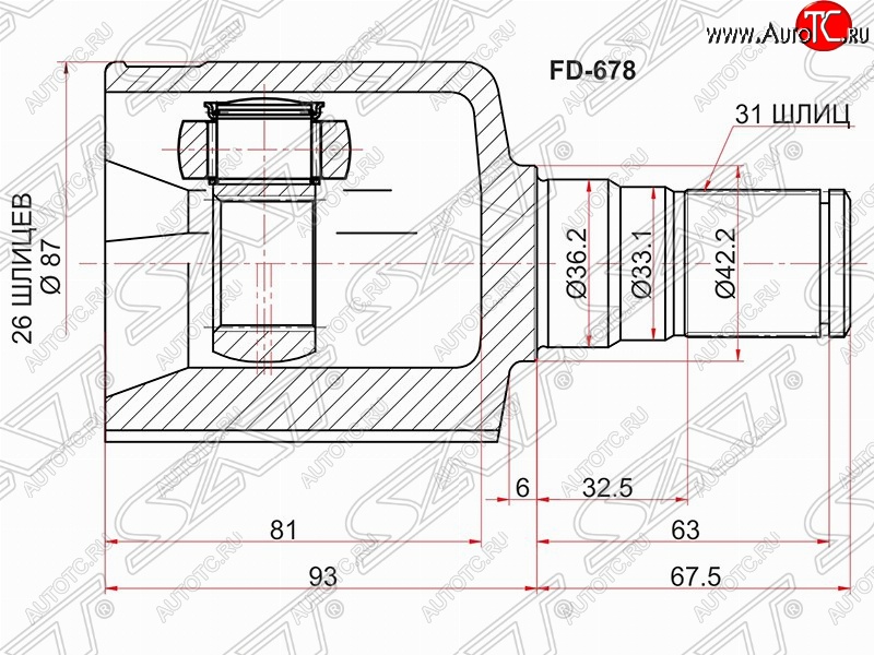 3 699 р. ШРУС SAT (внутренний, 26*31*36.2 мм) Ford Mondeo Mk4,BD рестайлинг, седан (2010-2014)  с доставкой в г. Королёв