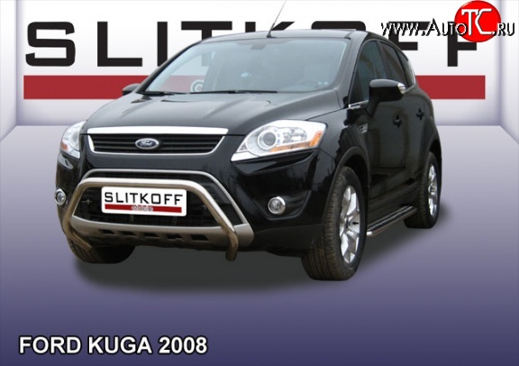 24 999 р. Усиленная низкая защита переднего бампера Slitkoff Ford Kuga 1 (2008-2013) (Нержавейка, Полированная)  с доставкой в г. Королёв