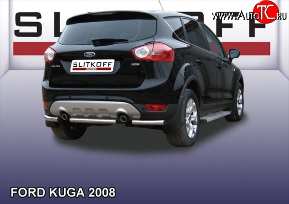 7 199 р. Защита заднего бампера из короткой трубы диаметром 57 мм Slitkoff Ford Kuga 1 (2008-2013) (Нержавейка, Полированная)  с доставкой в г. Королёв