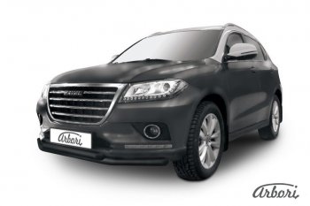 Защита переднего бампера Arbori (черная, 2 трубы d57 и 57 mm) Haval H2 (2014-2021)