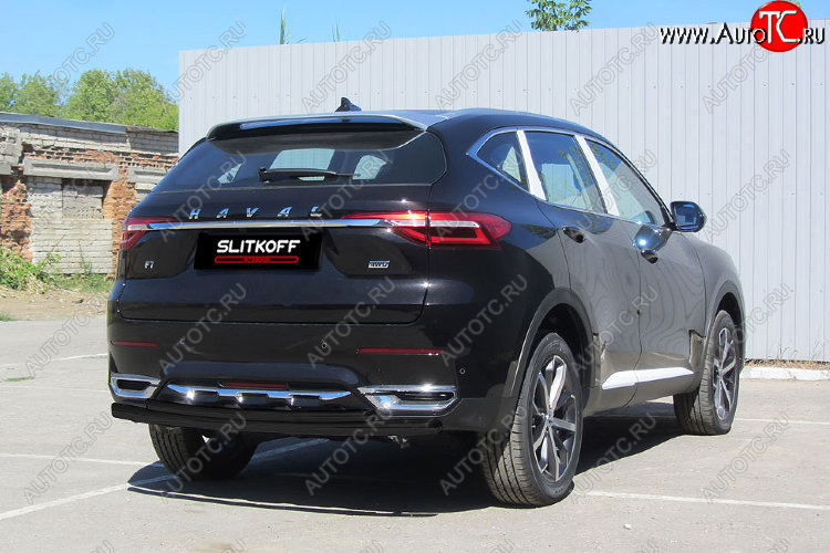 8 399 р. Защита заднего бампера (d57+d42) Slitkoff Haval F7x  дорестайлинг (2019-2022) (Цвет: черный)  с доставкой в г. Королёв