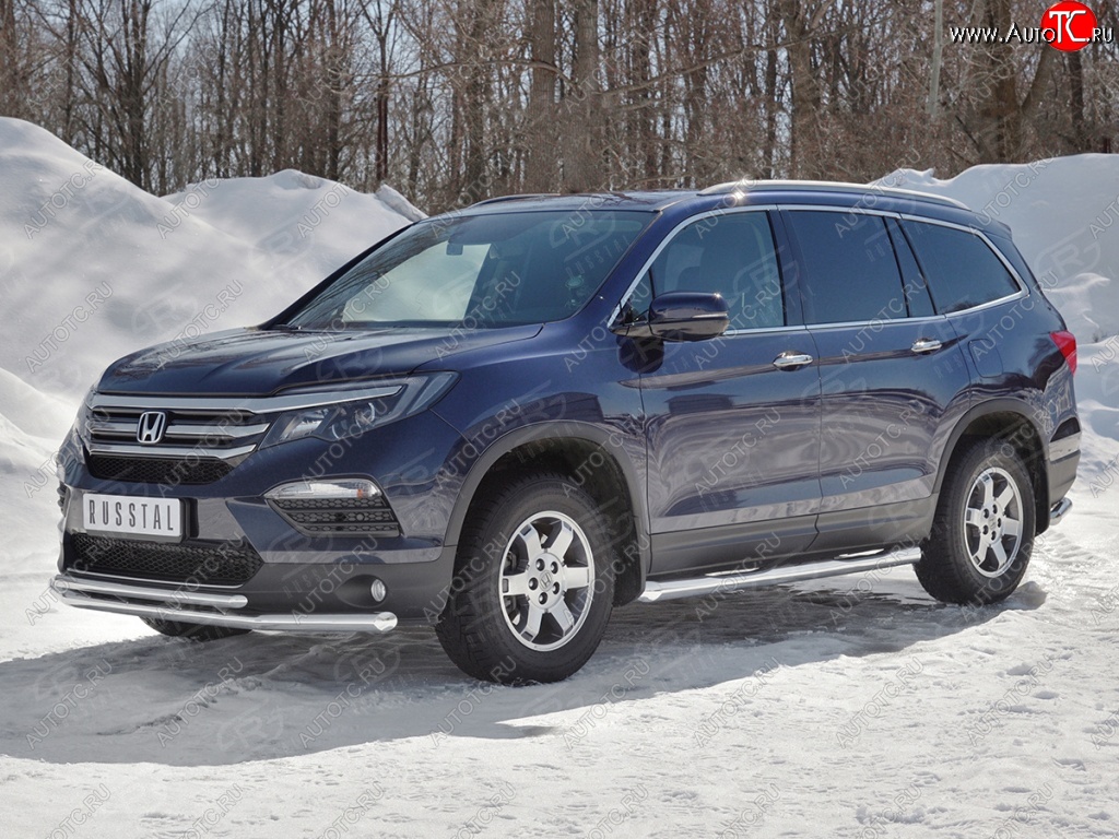 23 999 р. Защита переднего бампера (2 трубы Ø63 и 42 мм, нержавейка) SLITKOFF Honda Pilot YF6 дорестайлинг (2016-2019)  с доставкой в г. Королёв