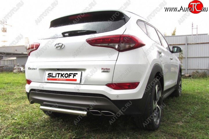 7 999 р. Защита заднего бампера из короткой трубы диаметром 57 мм Slitkoff Hyundai Tucson TL дорестайлинг (2015-2018) (Нержавейка, Полированная)  с доставкой в г. Королёв