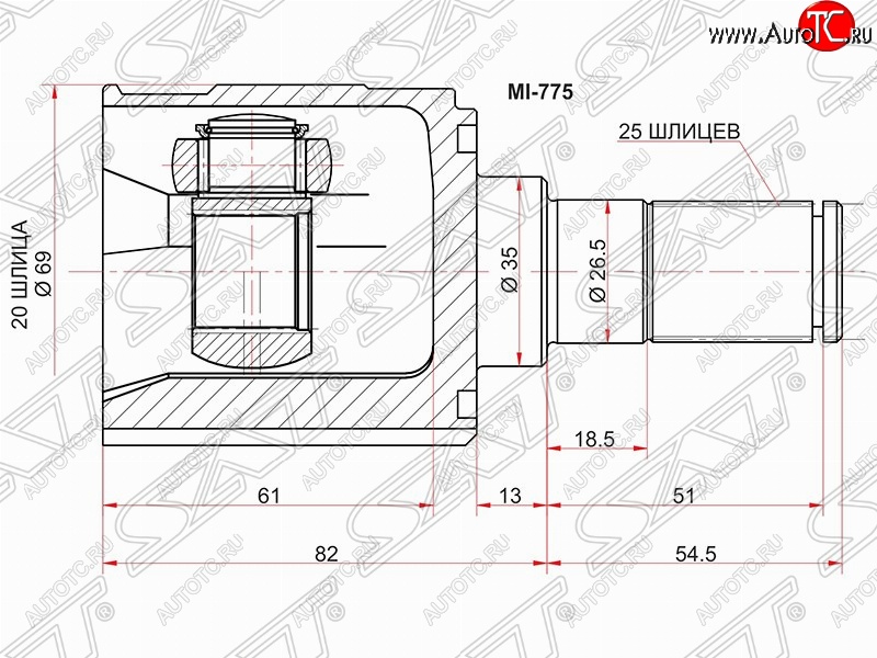 2 599 р. ШРУС SAT (внутренний, 20*25*35 мм) KIA Picanto 1 SA хэтчбэк 5 дв. дорестайлинг (2003-2007)  с доставкой в г. Королёв