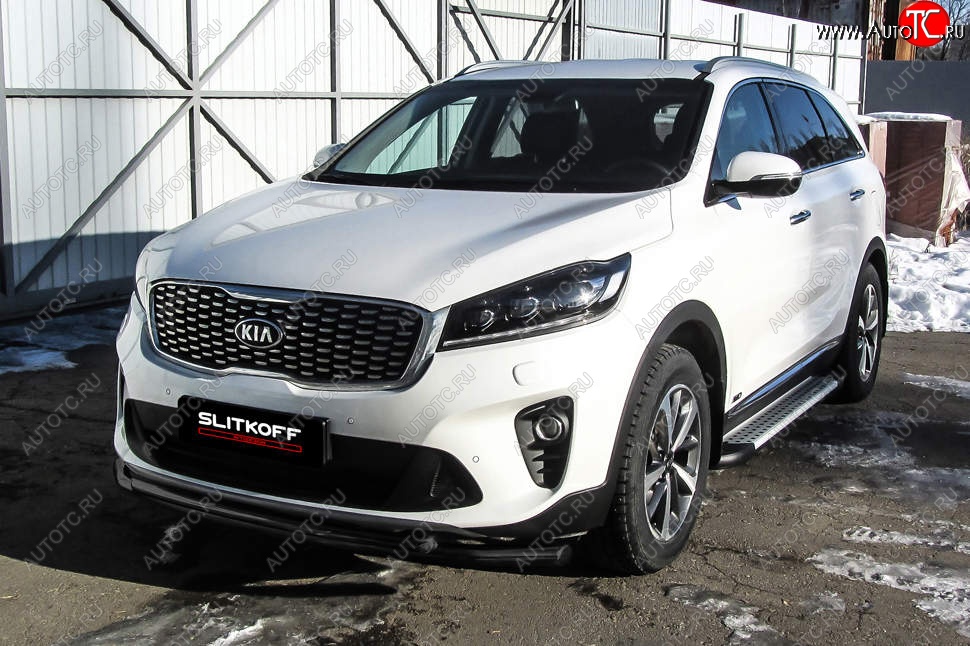 10 499 р. Защита переднего бампера Slitkoff (двойная, d57/42) KIA Sorento UM/Prime рестайлинг (2018-2020) (Сталь с полимерным покрытием. Цвет: чёрный)  с доставкой в г. Королёв