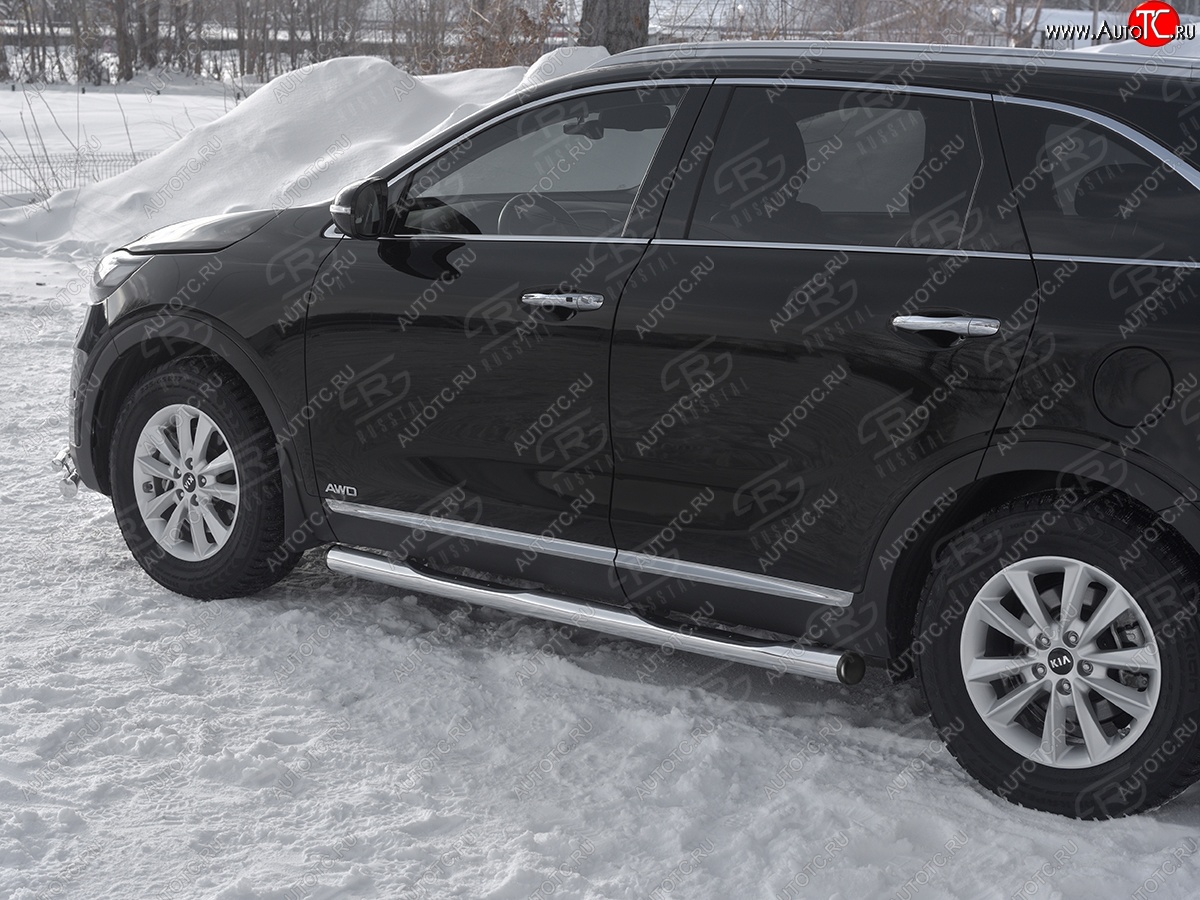 24 999 р. Защита порогов (Ø76 мм с проступью, нержавейка) SLITKOFF  KIA Sorento  UM/Prime (2018-2020) рестайлинг (С пластиковыми заглушками на торцах)  с доставкой в г. Королёв