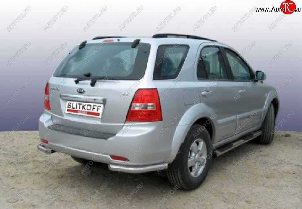 5 699 р. Защита заднего бампера Slitkoff (Ø 57 мм, уголки)  KIA Sorento  BL (2002-2006) дорестайлинг (Сталь с полимерным покрытием. Цвет: серебристый)  с доставкой в г. Королёв