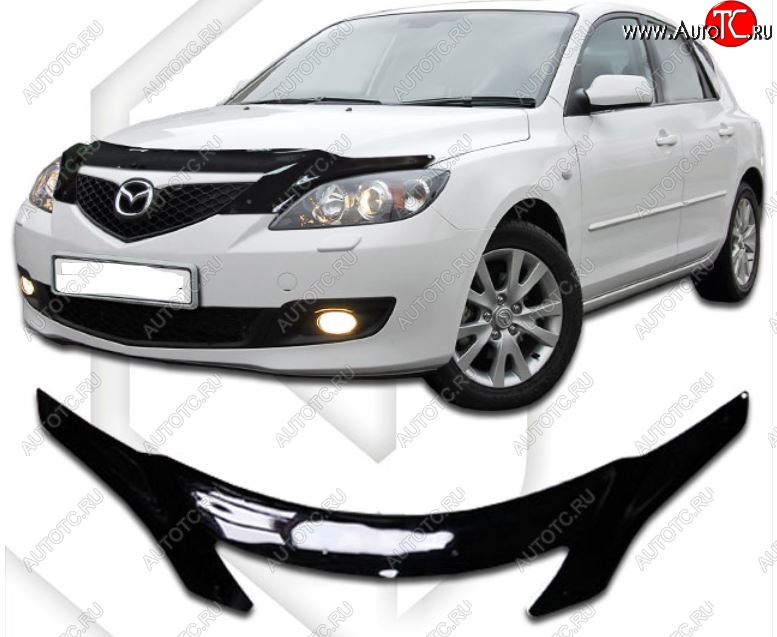 2 599 р. Дефлектор капота CA-Plastiс  Mazda 3/Axela  BK (2003-2009) дорестайлинг, хэтчбэк, рестайлинг, хэтчбэк (Classic черный, Без надписи)  с доставкой в г. Королёв