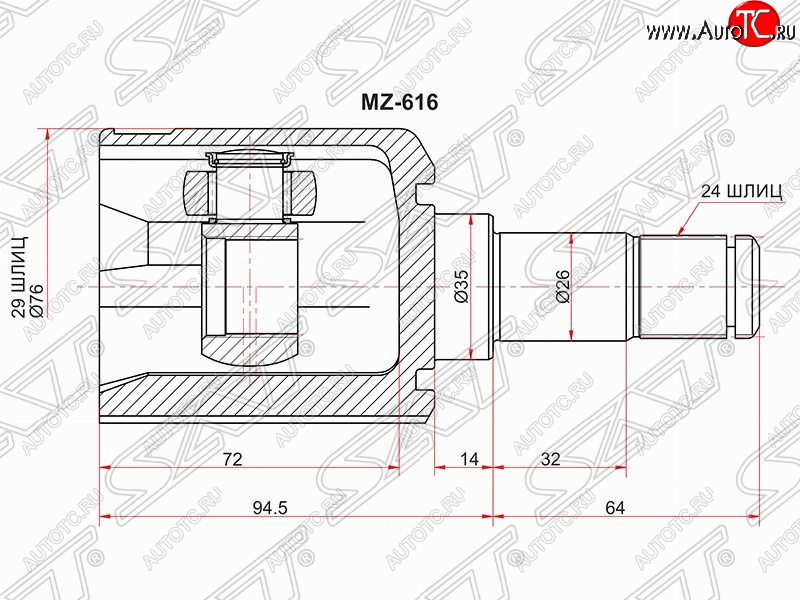 6 499 р. Шрус (внутренний/левый) SAT (29*24*35 мм) Mazda 323/Familia седан BJ дорестайлинг (1998-2000)  с доставкой в г. Королёв