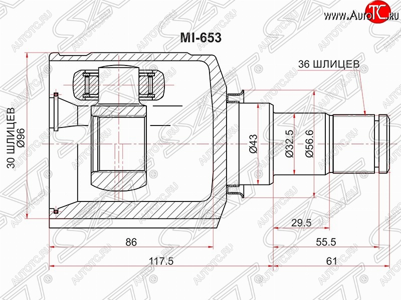 5 899 р. Шрус (внутренний/правый) SAT (30*36*43 мм) Mitsubishi ASX 1-ый рестайлинг (2013-2016)  с доставкой в г. Королёв