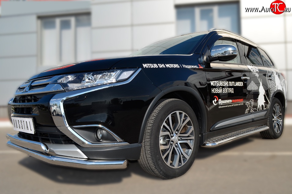 22 949 р. Защита переднего бампера (2 трубыØ75х42 и 63 мм, нержавейка) Russtal Mitsubishi Outlander GF 2-ой рестайлинг (2015-2018)  с доставкой в г. Королёв