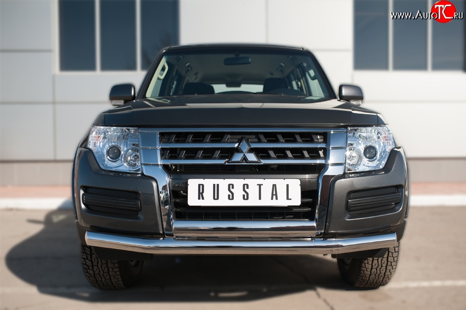 22 949 р. Защита переднего бампера (2 трубы Ø76 и 75х42 мм, нержавейка) Russtal Mitsubishi Pajero 4 V90 2-ой рестайлинг (2014-2020)  с доставкой в г. Королёв