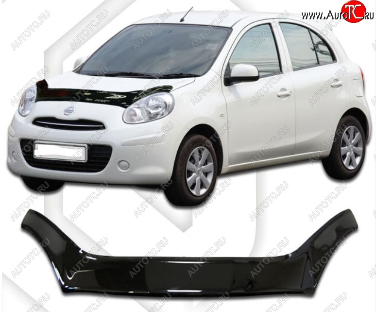 2 369 р. Дефлектор капота CA-Plastiс exclusive  Nissan Micra  K13 (2010-2013) 5 дв. дорестайлинг (Classic черный, Без надписи)  с доставкой в г. Королёв