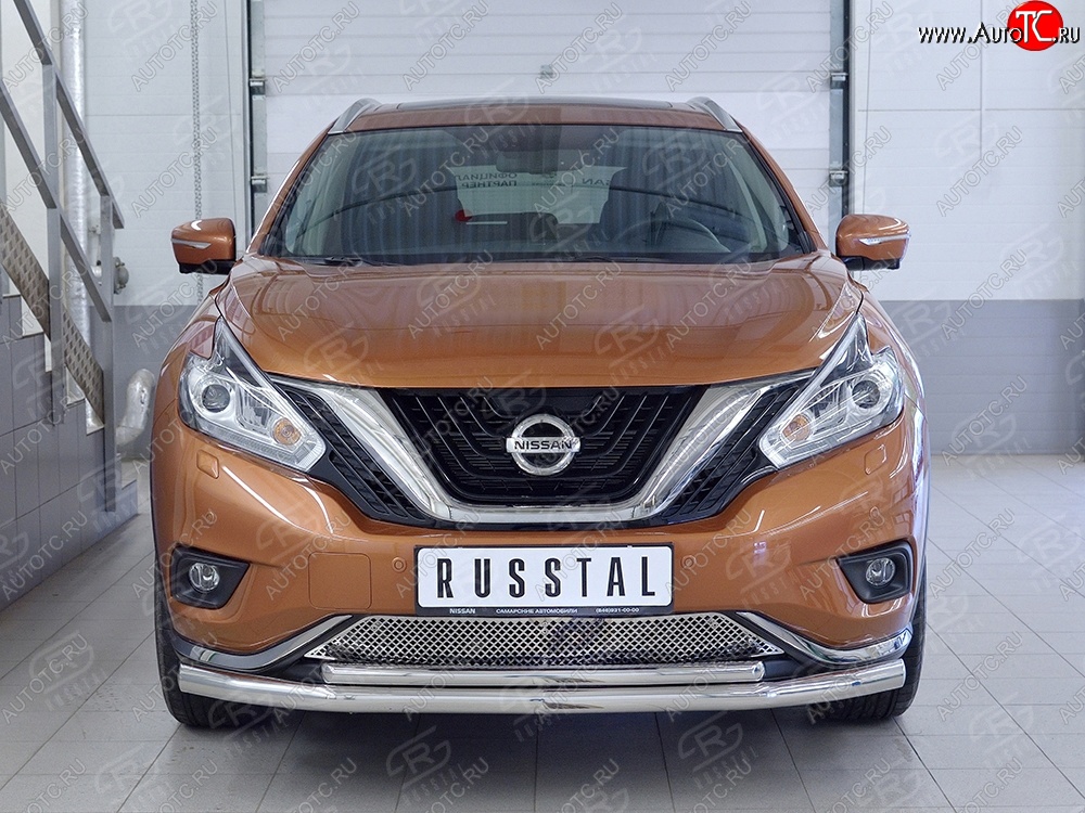 22 449 р. Защита переднего бампера (2 трубыØ63 и 42 мм, нержавейка) SLITKOFF Nissan Murano 3 Z52 дорестайлинг (2015-2022)  с доставкой в г. Королёв