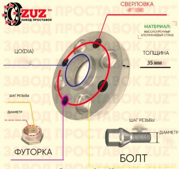 Адаптер-проставка с футорками и болтами 35.0 мм (1 шт.) ЗУЗ Toyota Corolla E120 универсал дорестайлинг (2000-2004) 