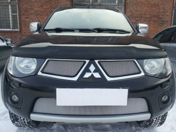 Защитная сетка в бампер (низ, ячейка 3х7 мм) Alfeco Стандарт Mitsubishi Pajero Sport PB дорестайлинг (2008-2013)  (Хром)