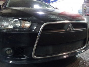 5 899 р. Защитная сетка в бампер (3 части, ячейка 3х7 мм) Alfeco Стандарт Mitsubishi Lancer 10 седан рестайлинг (2011-2017) (Чёрная)  с доставкой в г. Королёв. Увеличить фотографию 3