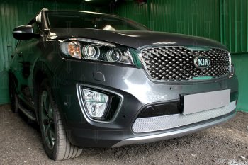 4 499 р. Защитная сетка в бампер (низ, ячейка 4х10 мм) Alfeco Премиум KIA Sorento UM/Prime дорестайлинг (2014-2018) (Хром)  с доставкой в г. Королёв. Увеличить фотографию 2