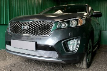 4 499 р. Защитная сетка в бампер (низ, ячейка 4х10 мм) Alfeco Премиум KIA Sorento UM/Prime дорестайлинг (2014-2018) (Хром)  с доставкой в г. Королёв. Увеличить фотографию 3