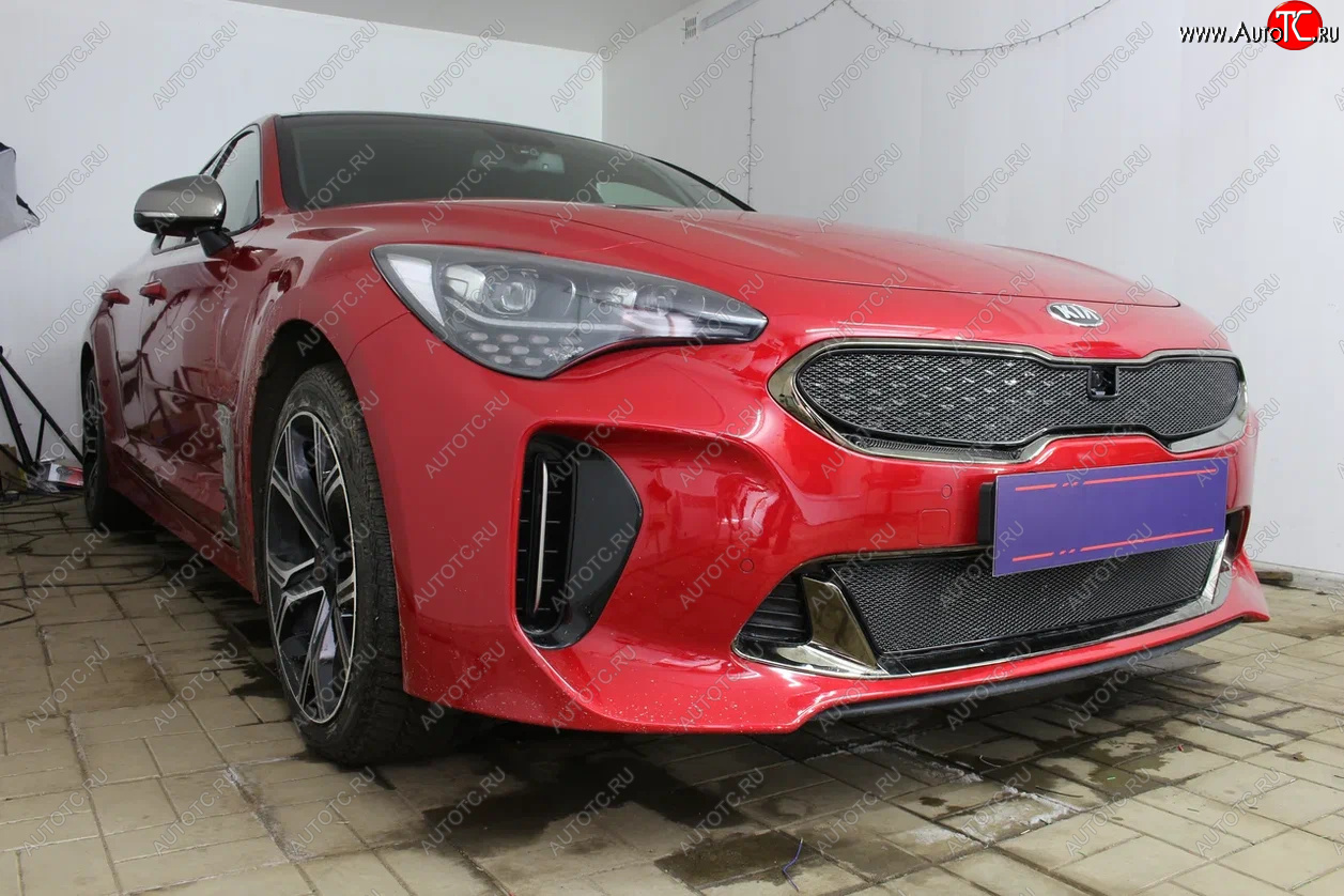 5 999 р. Защитная сетка в бампер (верх, ячейка 4х10 мм) Alfeco Премиум KIA Stinger (2017-2024) (Чёрная)  с доставкой в г. Королёв