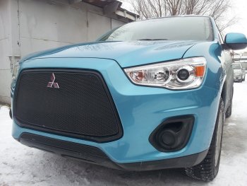 3 679 р. Защитная сетка в бампер (низ, ячейка 4х10 мм) Alfeco Премиум Mitsubishi ASX 1-ый рестайлинг (2013-2016) (Чёрная)  с доставкой в г. Королёв. Увеличить фотографию 2