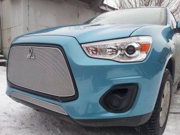 4 299 р. Защитная сетка в бампер (низ, ячейка 4х10 мм) Alfeco Премиум Mitsubishi ASX 1-ый рестайлинг (2013-2016) (Хром)  с доставкой в г. Королёв. Увеличить фотографию 2