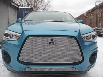 4 299 р. Защитная сетка в бампер (низ, ячейка 4х10 мм) Alfeco Премиум Mitsubishi ASX 1-ый рестайлинг (2013-2016) (Хром)  с доставкой в г. Королёв. Увеличить фотографию 3