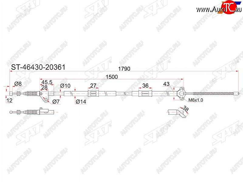 1 249 р. Трос ручника RH SAT Toyota Caldina T190 дорестайлинг универсал (1992-1995) (барабанные тормоза)  с доставкой в г. Королёв