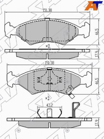 Колодки тормозные передние FL-FR SAT Chevrolet (Шевролет) Cobalt (Кобальт) (2011-2023), KIA (КИА) Sportage (Спортаж)  1 JA (1993-2006), Ravon (Рэйвон) R4 (Р4) (2016-2020)