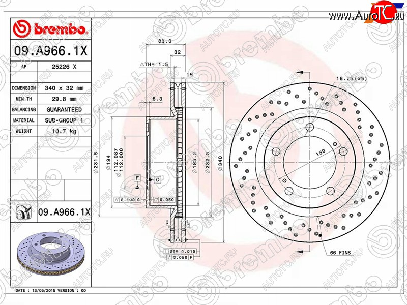 15 899 р. Тормозной передний диск (Ø340) BREMBO  Lexus LX570 J200 дорестайлинг (2007-2012)  с доставкой в г. Королёв