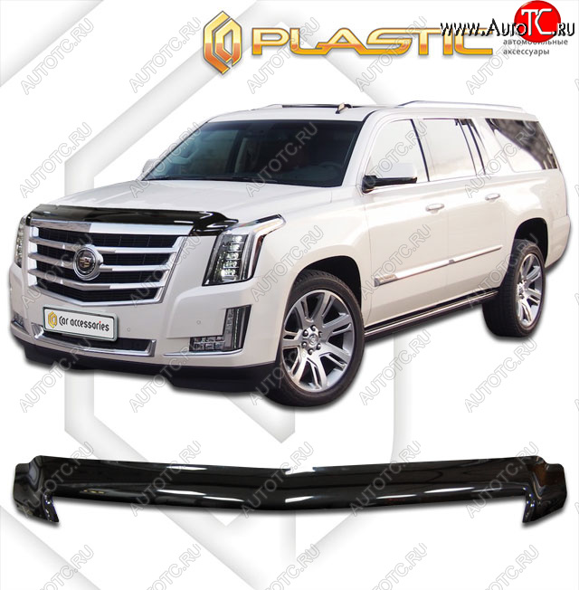 2 279 р. Дефлектор капота CA-Plastic  Cadillac Escalade  GMTK2 джип 5 дв. (2015-2020) короткая база (Classic прозрачный, с надписью)  с доставкой в г. Королёв