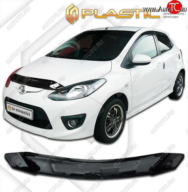 1 809 р. Дефлектор капота CA-Plastic  Mazda 2/Demio  DE (2007-2014) дорестайлинг, рестайлинг (Classic черный, с надписью)  с доставкой в г. Королёв