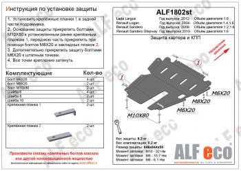 Защита картера и КПП (V-1,2; 1,6)ALFECO Renault Sandero (B8) дорестайлинг (2014-2018)